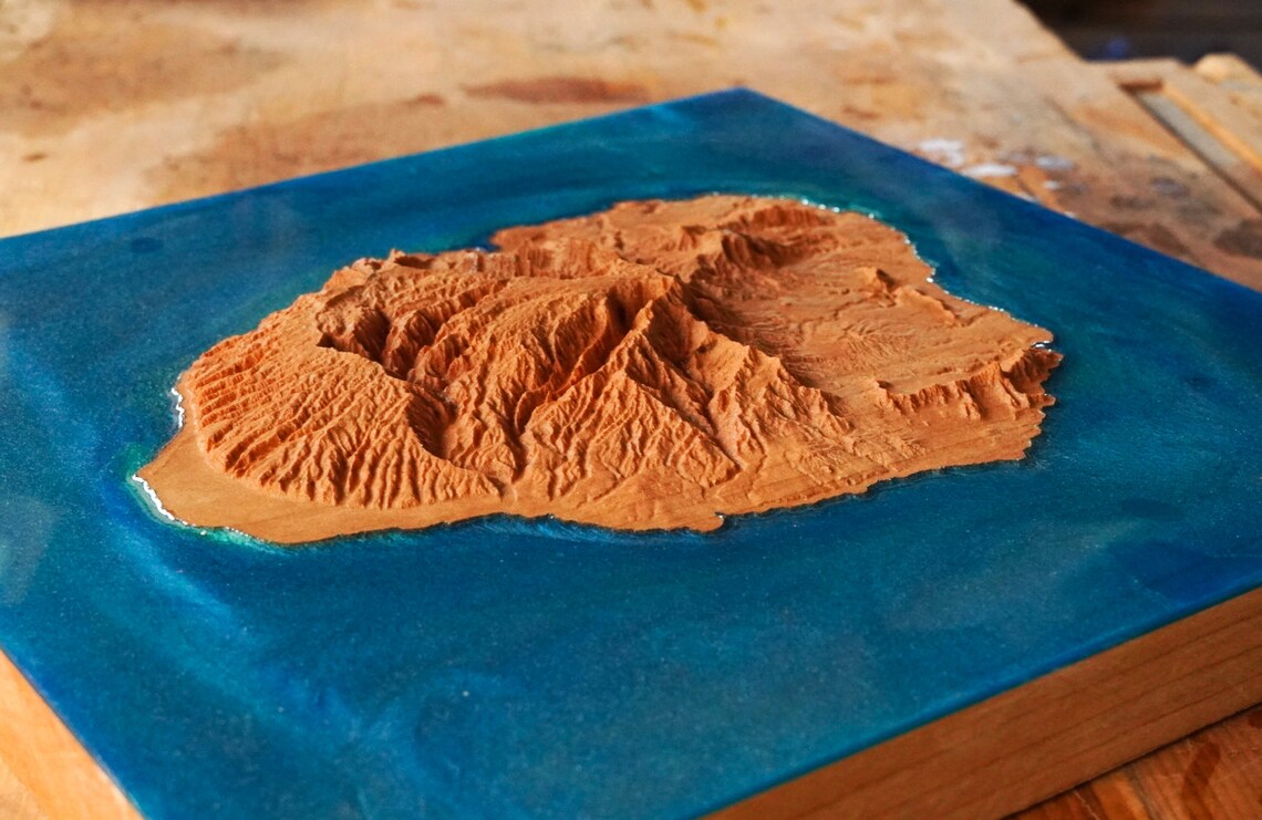 Kauai Wooden 3D Elevation Map | Topographic Map of Kauai | Wood Map | Epoxy Resin Kauai