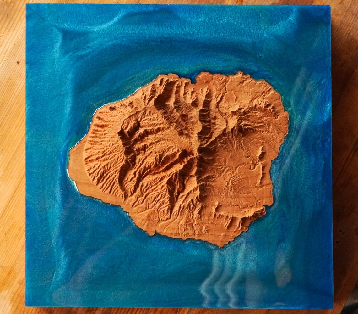 Kauai Wooden 3D Elevation Map | Topographic Map of Kauai | Wood Map | Epoxy Resin Kauai