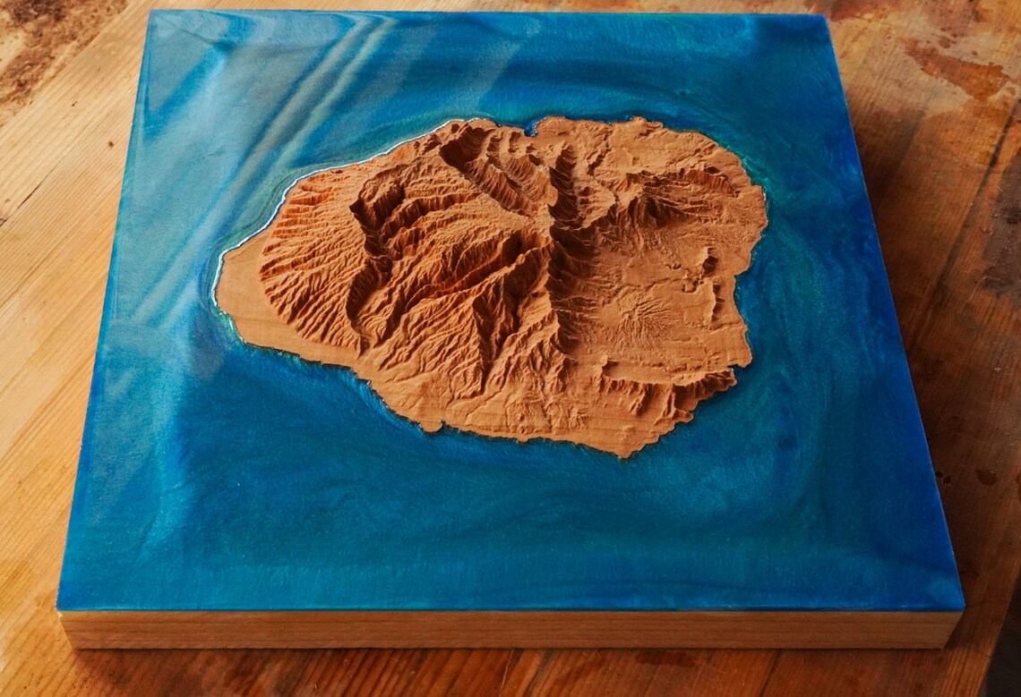 Kauai Wooden 3D Elevation Map | Topographic Map of Kauai | Wood Map | Epoxy Resin Kauai